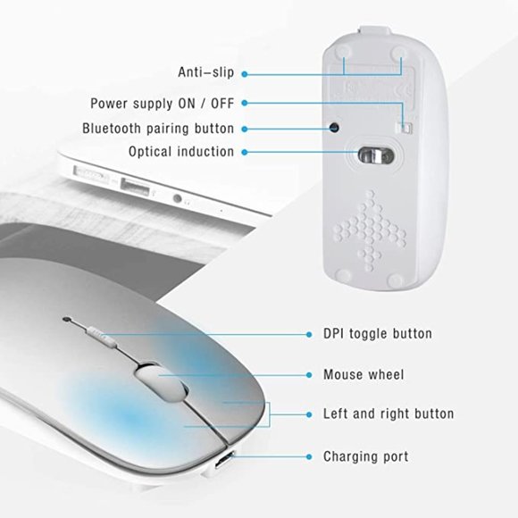 NWOT Bluetooth Mouse Wireless Slim USB Rechargable Quiet Silver - Picture 7 of 9